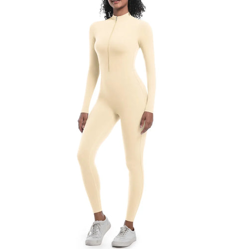 S-XL 2025 Nylon Zipper Long Sleeve Yoga Set Women One Piece Jumpsuit