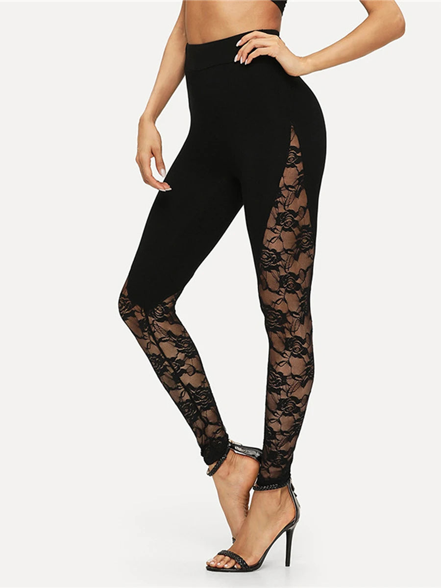 Sexy High-Waist Black Lace Tight Pencil Pants Women Ladies Patchwork