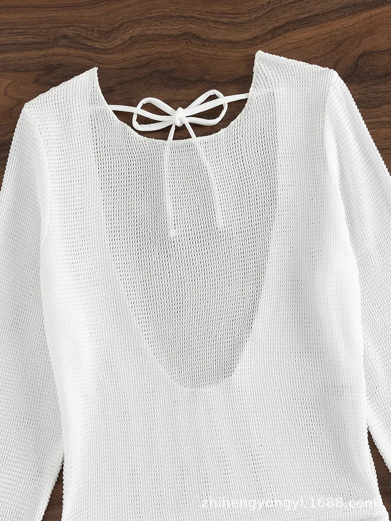 S - XL Long Sleeve Backless Crochet Knitted Tunic Beach Cover Up