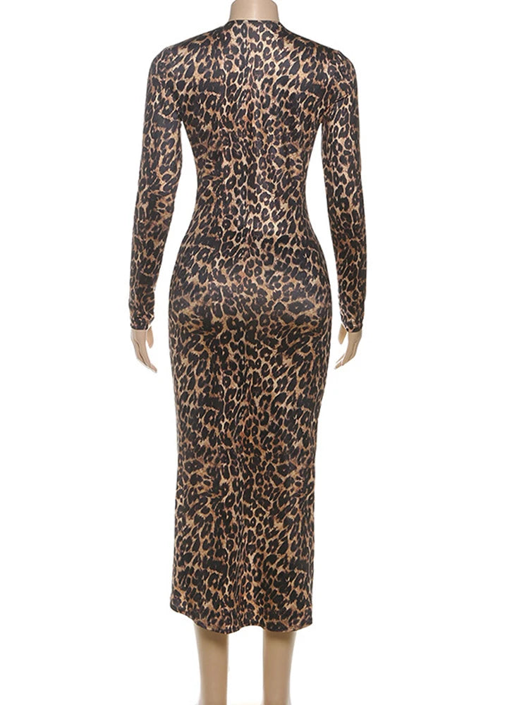 Beyprern Wild Leopard Print Deep Plunge Long Straps Metallic Maxi Dress Chic Women Animal Print Ruched Fitted Night Out Dress