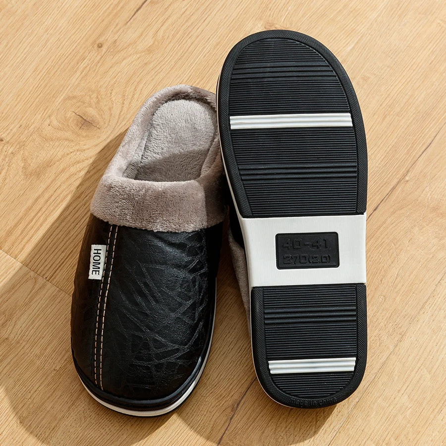Big Size Winter Casual Men's Slippers Indoor Waterproof PU Leather