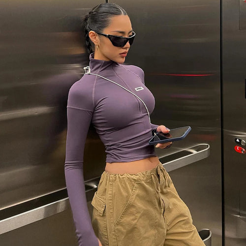 Y2k Long Sleeve T Shirt Women Stand Collar Skinny Zip Crop Tops