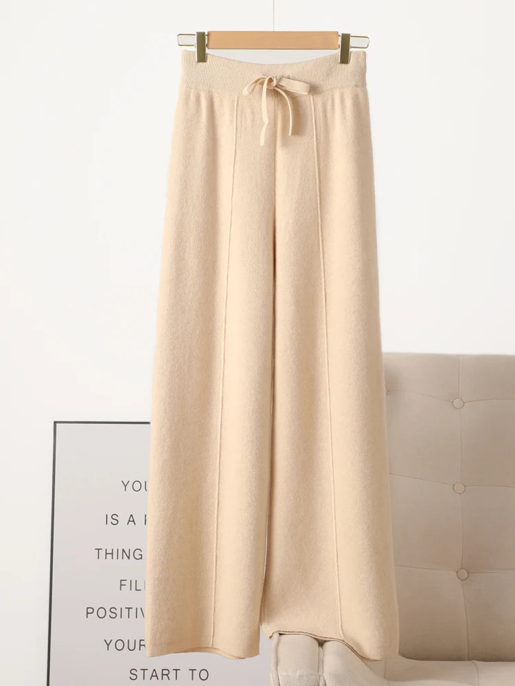 Women 100% Merino Wool Knitted Wide Leg Pants Autumn Winter Basic Soft