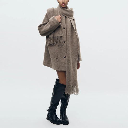 Women's Knitted Cardigan with Scarf Slim Casual Jacket Long Sleeve Patchwork Pocket Jacket Elegant Office Women's Sweater