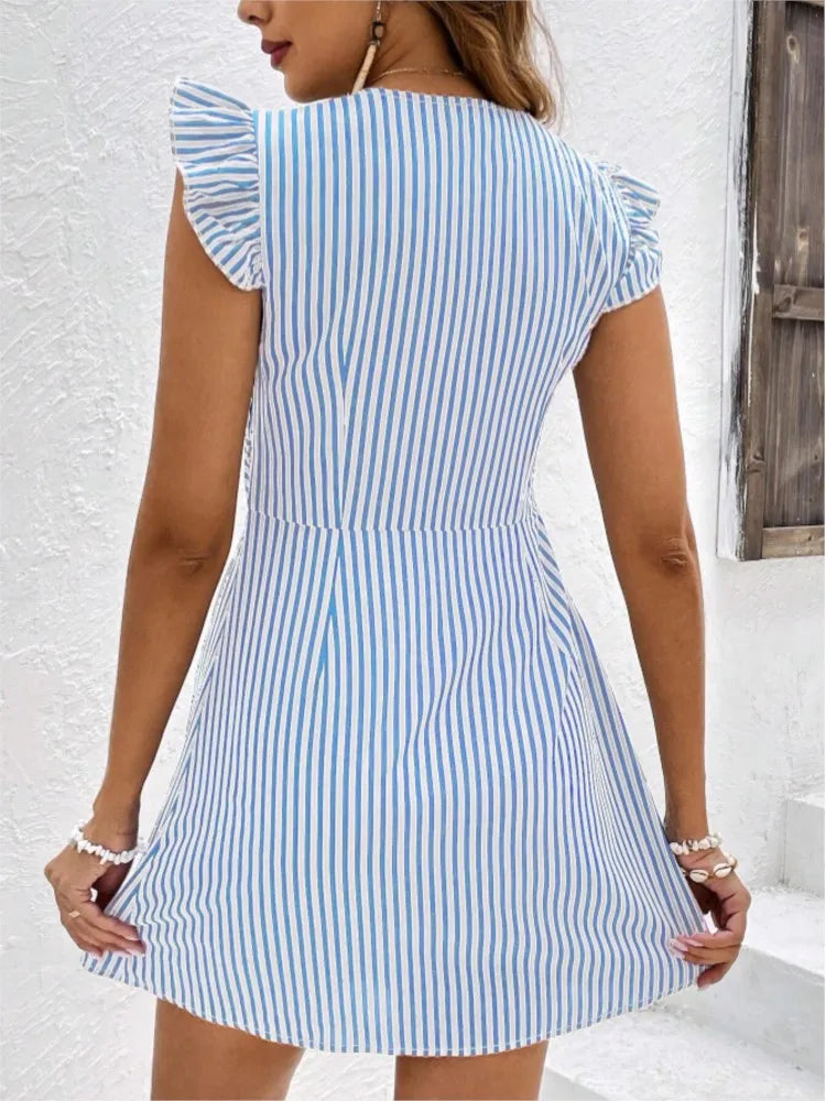 Summer V-neck Single-breasted Fly-sleeve Women’s Shirt Dresses With