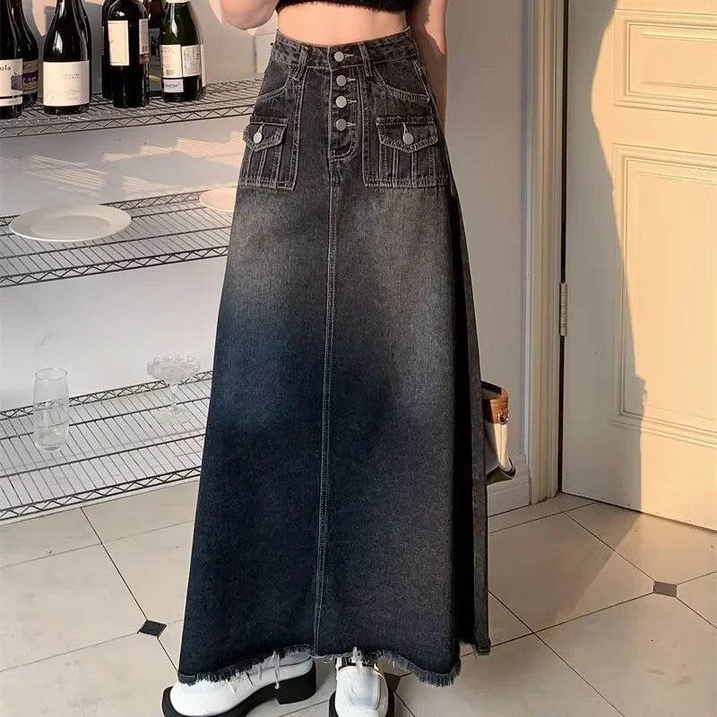 2024 New Streetwear Denim Skirt Spring Summer Fashion Frayed Hem