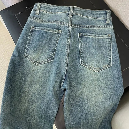 Retro Washed Diamond-encrusted Jeans Women's Spring Design Sense