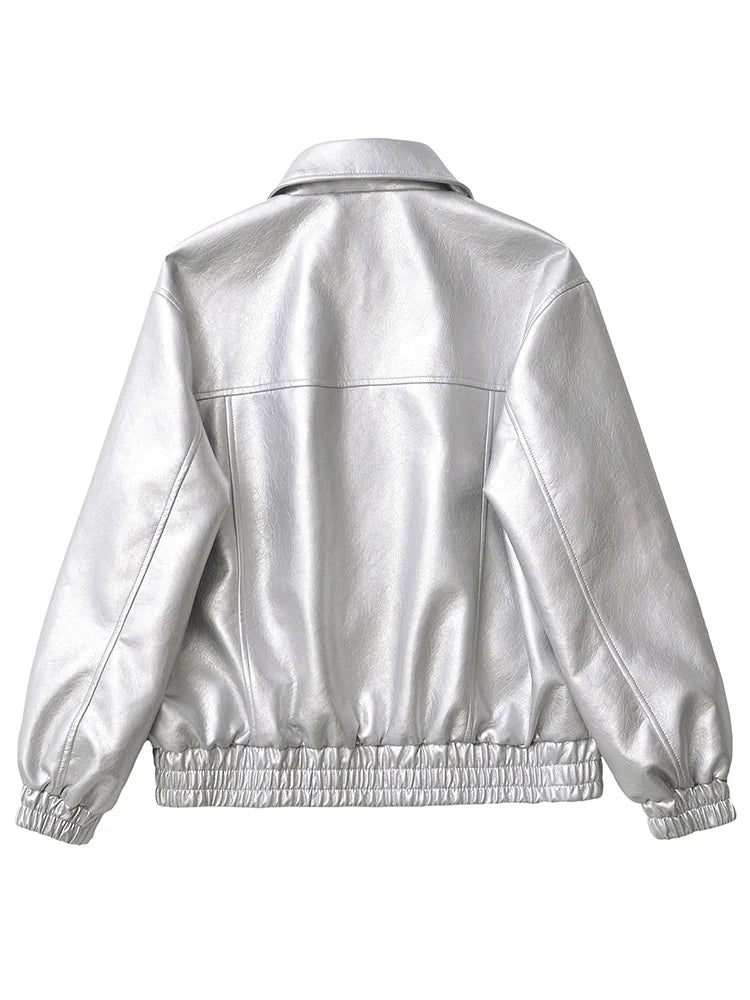 Ailegogo Streetwear Women Retro Loose Short Pu Faux Leather Jacket