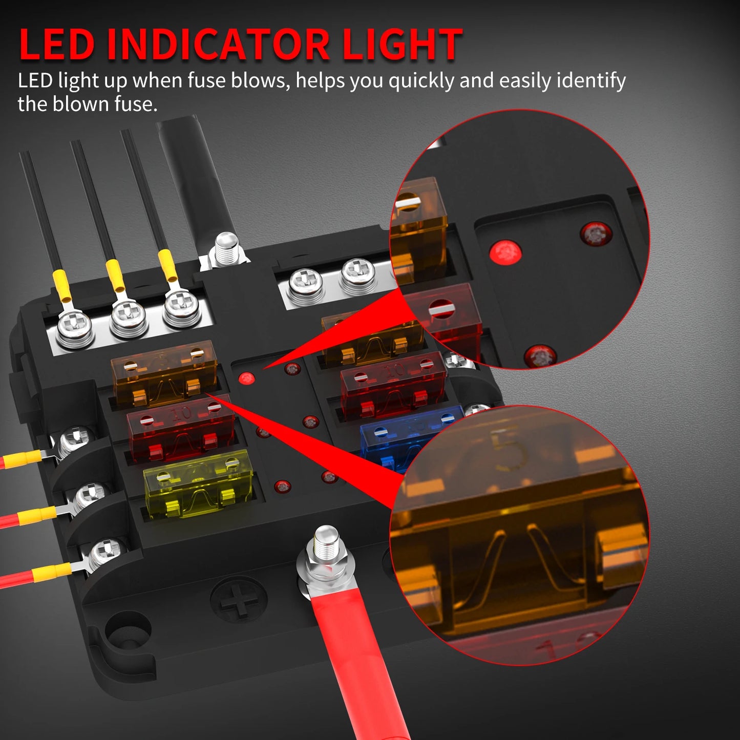 12V 6-Way Blade Fuse Block with LED Indicator Waterproof Protection