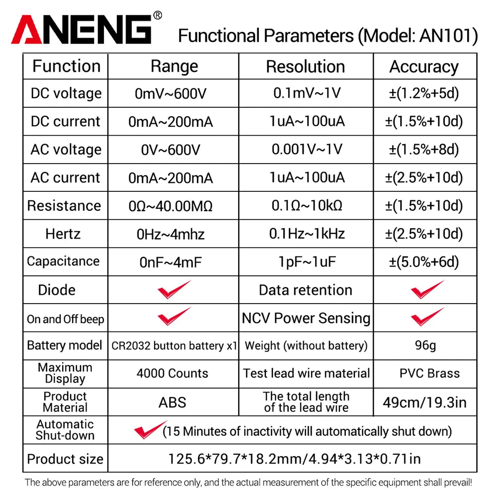 ANENG AN101 1999 Counts Mini Professional Digital Multimeter AC/DC