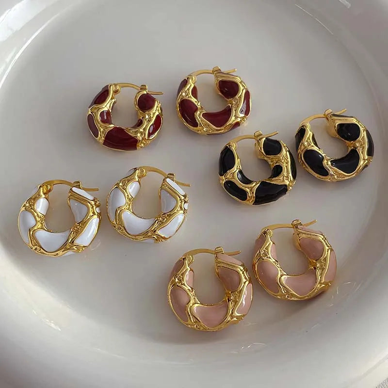 New Trendy Enamel Color Metal Texture Small Hoop Earrings for Women