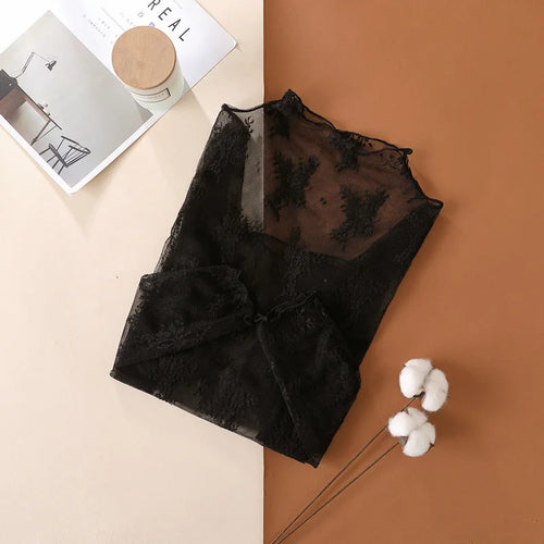 Sexy Women Mesh T-Shirts Transparent Lace Blouse Long Sleeve See