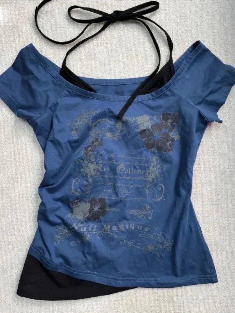 Vintage Fake Two Piece Halter Lace Up T-shirts Y2k Slim Fit Print Tops