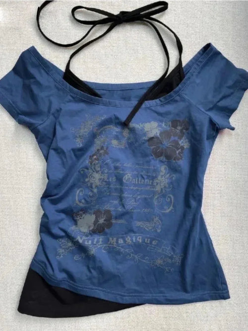 Vintage Fake Two Piece Halter Lace Up T-shirts Y2k Slim Fit Print Tops