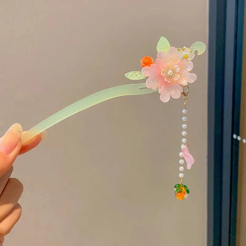 Elegant Chinese Style Hair Accessory Romantic Enameled Flower Tassel