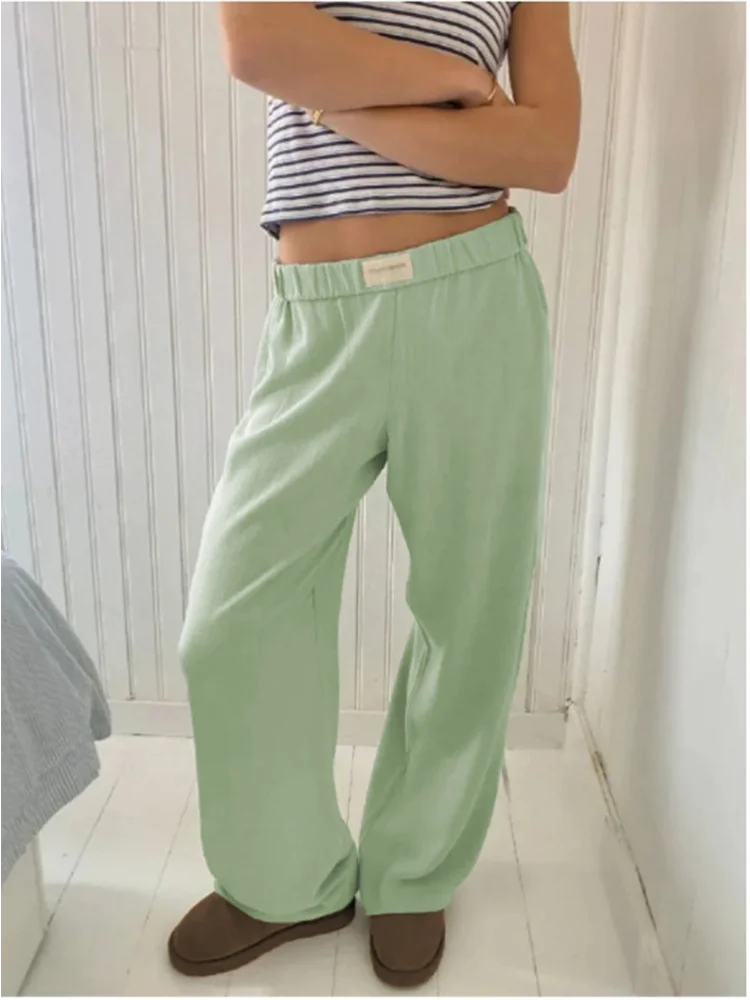 New Trendy Striped Print Long Pant Women Elastic Waist Drawstring Wide