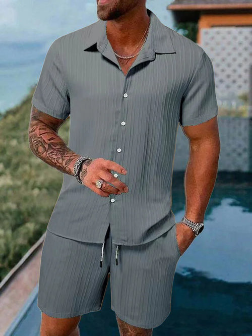 Men's beach suit striped solid color short sleeve shorts shirt Sports