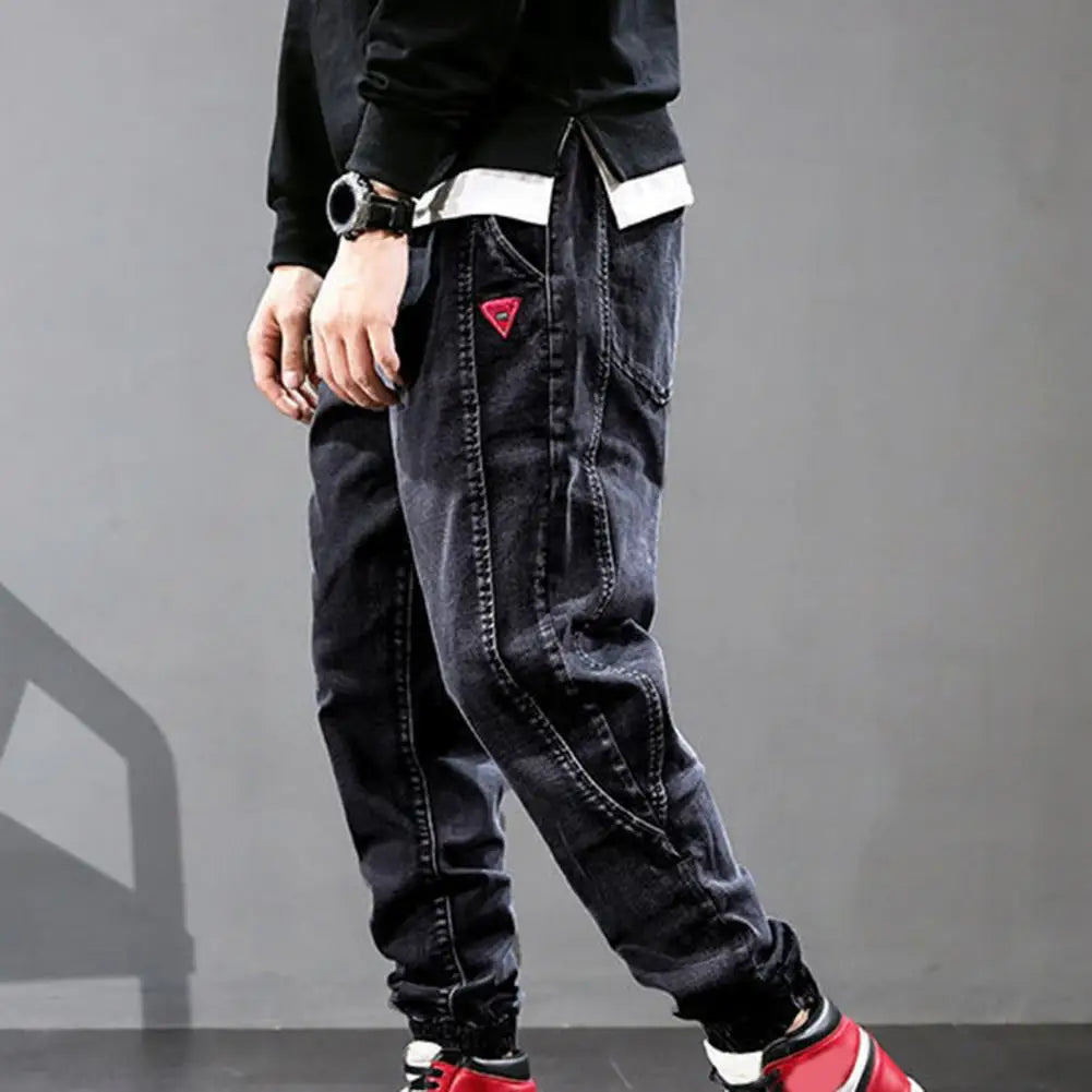 Loose Denim Pants Men Jeans Solid Color Drawstring Waist Harem Pants