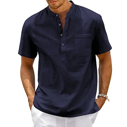 Cotton Linen Shirt Men Henley Neck Pocket Casual Beach Short Sleeve