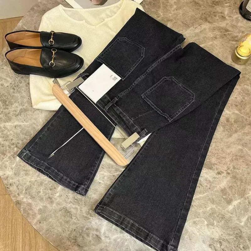 New High Waist Trousers Loose Washed Jeans Pockets Slim Denim Flare