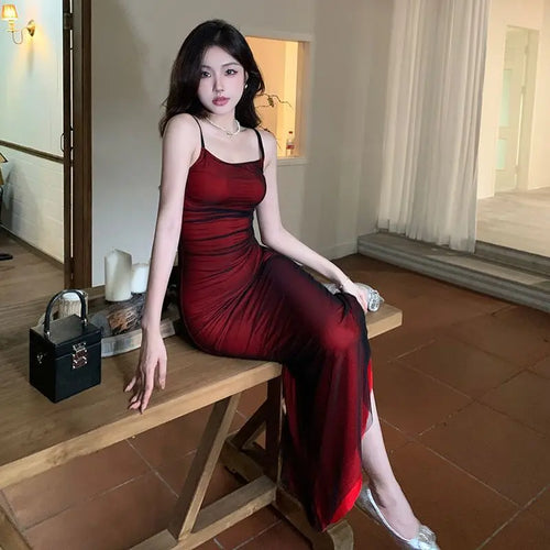 French Women's Sleeveless Bodycon Corset Maxi Dress Wine Red Spaghetti