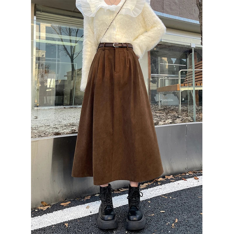 Vintage Belt Corduroy Midi Skirt Women High Waist Pleated A Line