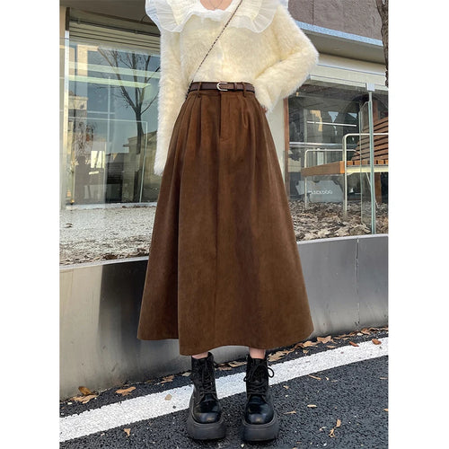 Vintage Belt Corduroy Midi Skirt Women High Waist Pleated A Line