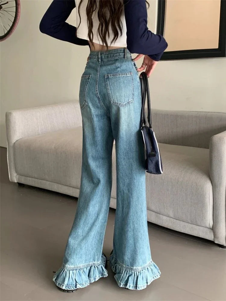 S-4XL Flare Jeans Women Baggy Washed Vintage Harajuku Streetwear Full