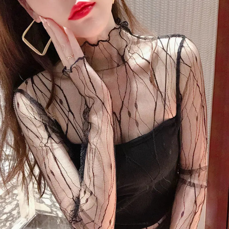 Elegant Lace T-shirt For Women Mesh Long Sleeve Tops Hot Sexy