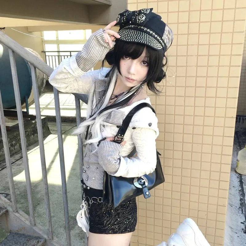Karrram Japanese Y2k Fake Two-piece Knitted Tops Trashy 2000s Hooded