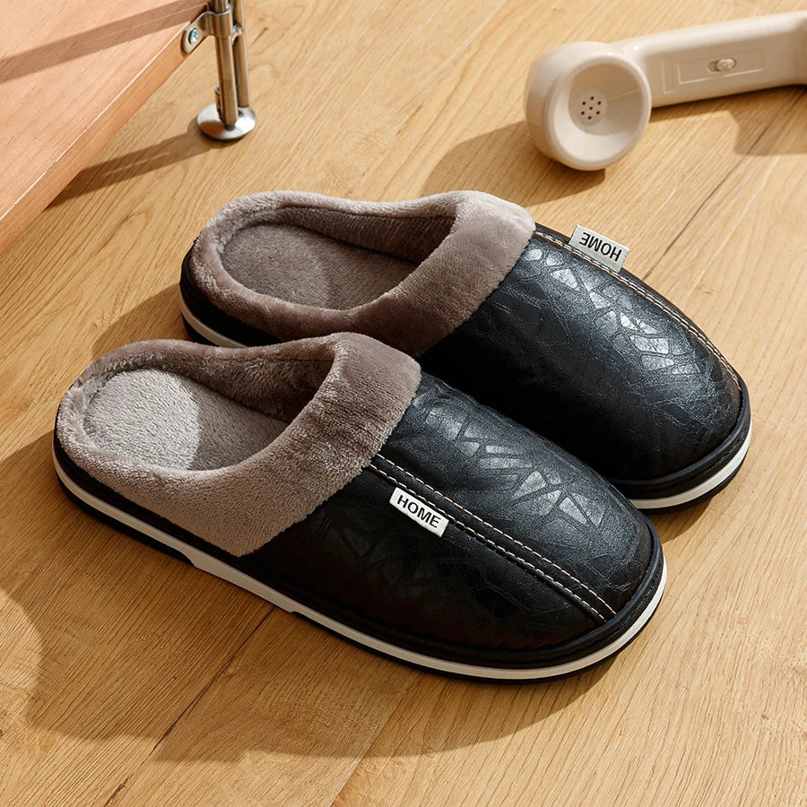 Big Size Winter Casual Men's Slippers Indoor Waterproof PU Leather