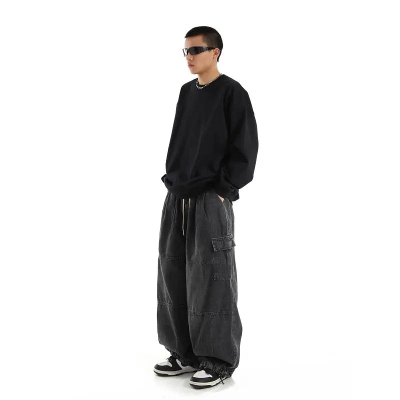 Y2k Black Baggy Cargo Jeans Trousers Men Streetwear Casual Hippie