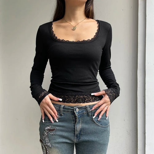 Sexy Black T-shirt Women Autumn New Lace Tees Fashion Streetwear