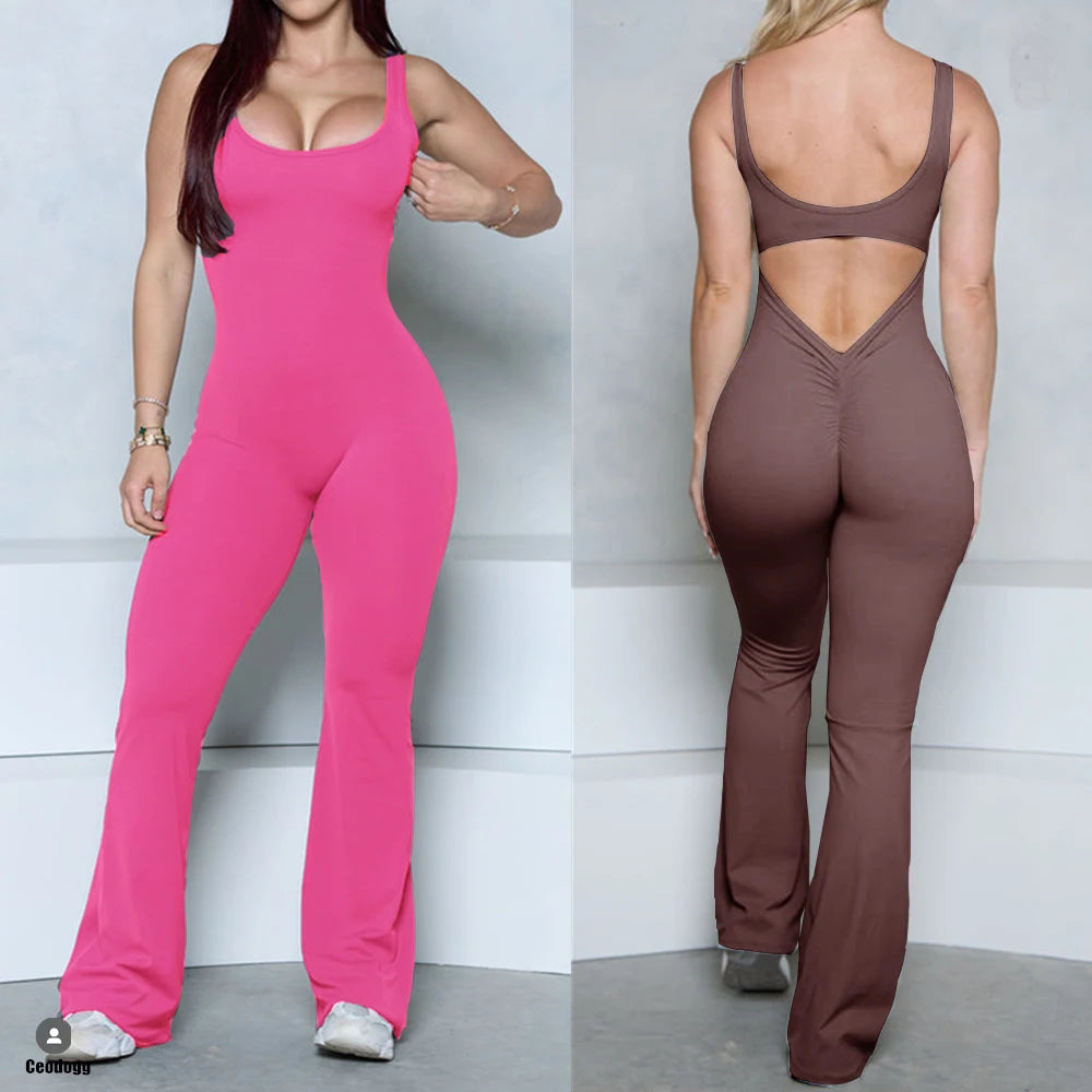 2025 S-XL Pad Women Gym Yoga Set Sports Rompers Deep V Back Fitness