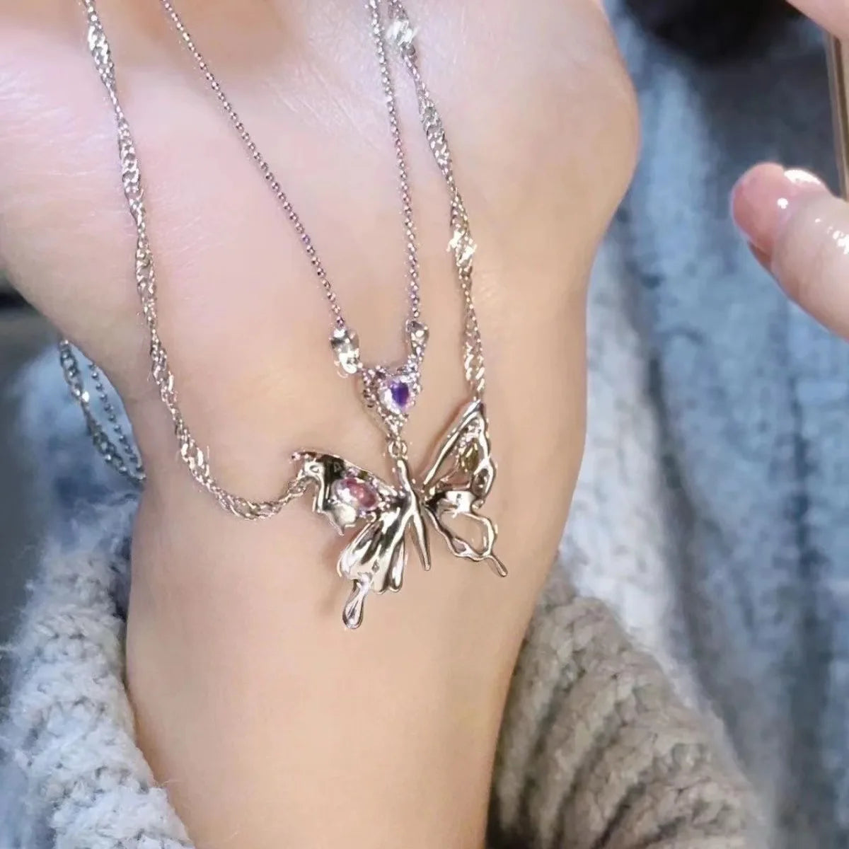 Punk Butterfly Pendant Necklace Women Y2K Crystal Light Luxury Egirl