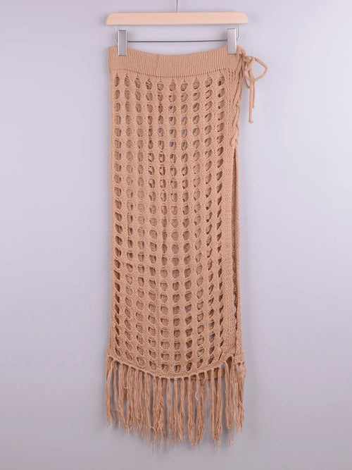 Women’s Sexy Sheer Hollow Out Beach Maxi Knit Skirt Split Tassels