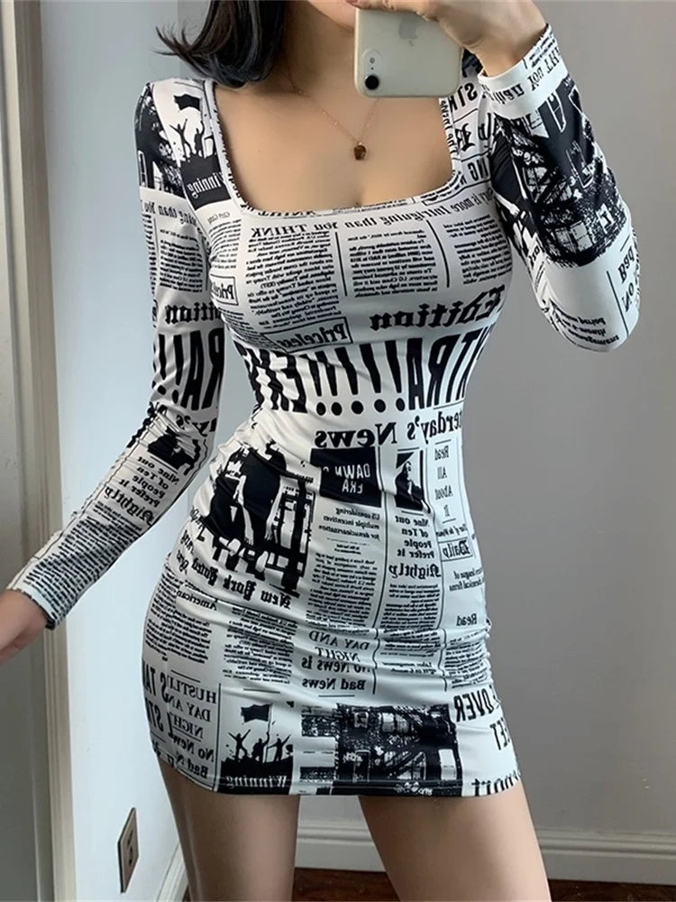 Hot-selling Printed Europe Newspaper Sexy Mini Dress 2020 Autumn New