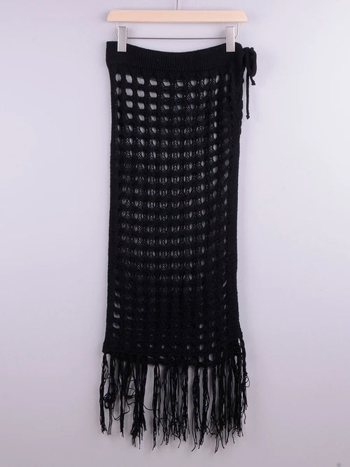 Women’s Sexy Sheer Hollow Out Beach Maxi Knit Skirt Split Tassels