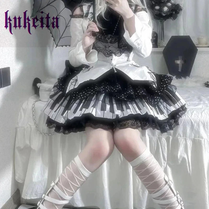 Kukeita Harajuku Y2k Punk Piano Key Wave Dot Lace Skirt Japanese