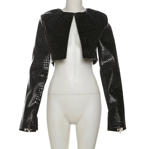 Women O Neck Long Sleeve PU Faux Leather Cropped Jackets Punk Grunge