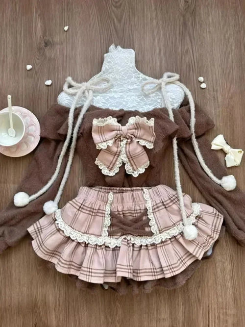 Vintage 3 Piece Skirt Suit Women Kawaii Ruffles Cardigan Outwear