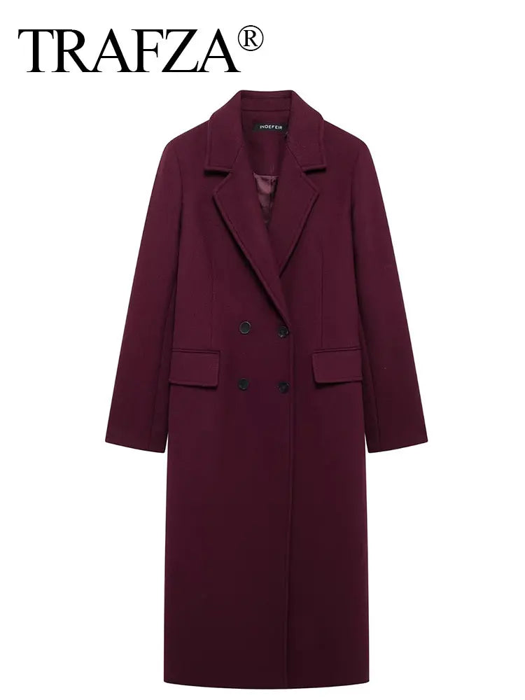 TRAFZA Women Fashion Burgundy Woolen Coat Double Breasted Long Sleeve