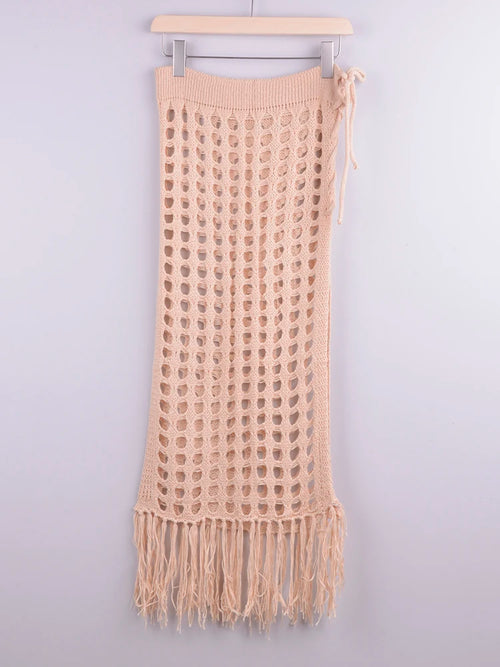 Women’s Sexy Sheer Hollow Out Beach Maxi Knit Skirt Split Tassels