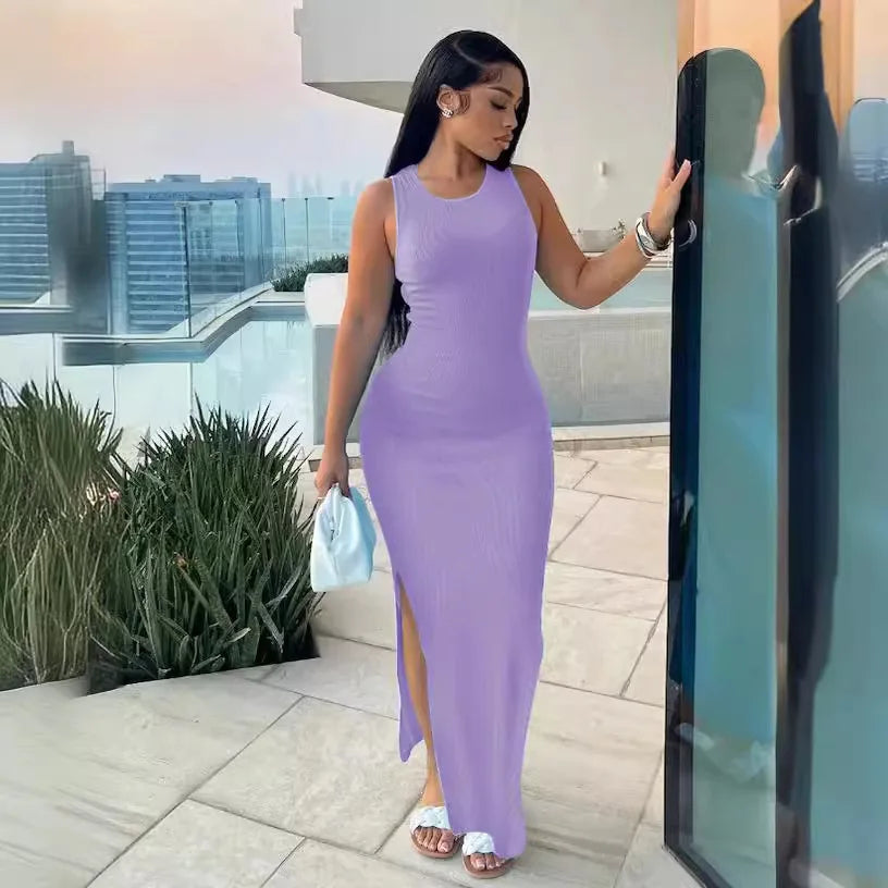 Summer Women's Fashion Purple Round Neck Slim Fit Split Dress Sexy