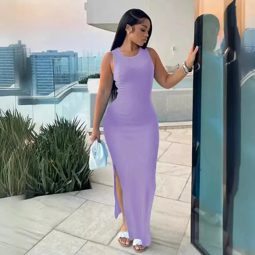Summer Women's Fashion Purple Round Neck Slim Fit Split Dress Sexy