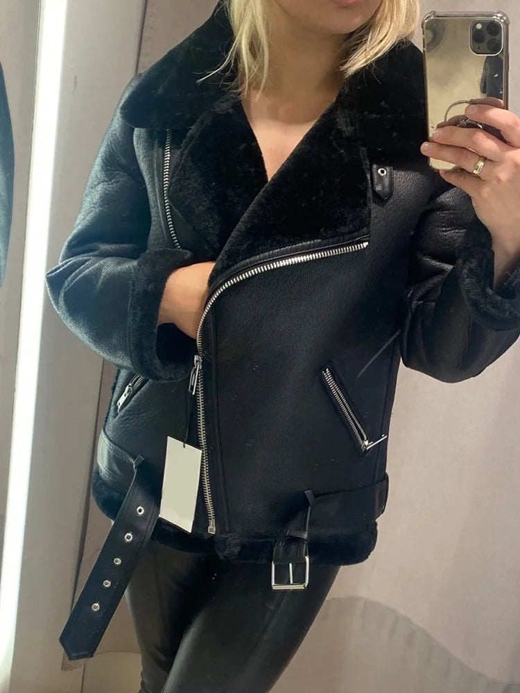 Ailegogo Winter Coats Women Thickness Faux Leather Fur Sheepskin