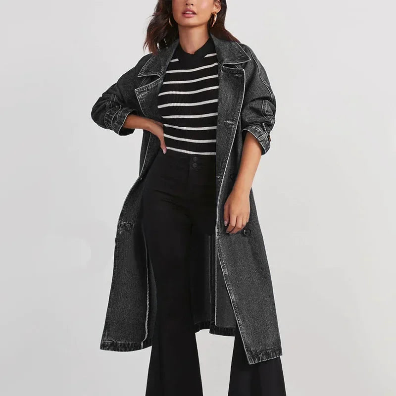 Spring Autumn Women Denim Trench Belt On Waist Jean Coats