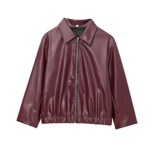 TRAFZA Wine Red Faux Leather Jakcet Fashion Outerwear Thicken Zipper