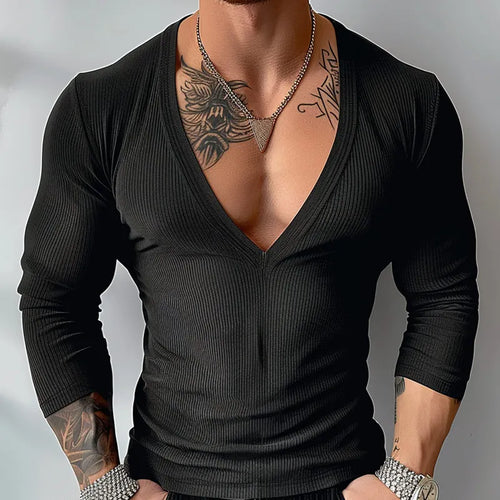 INCERUN Tops 2024 American Style Sexy Men's V-neck Striped T-shirt