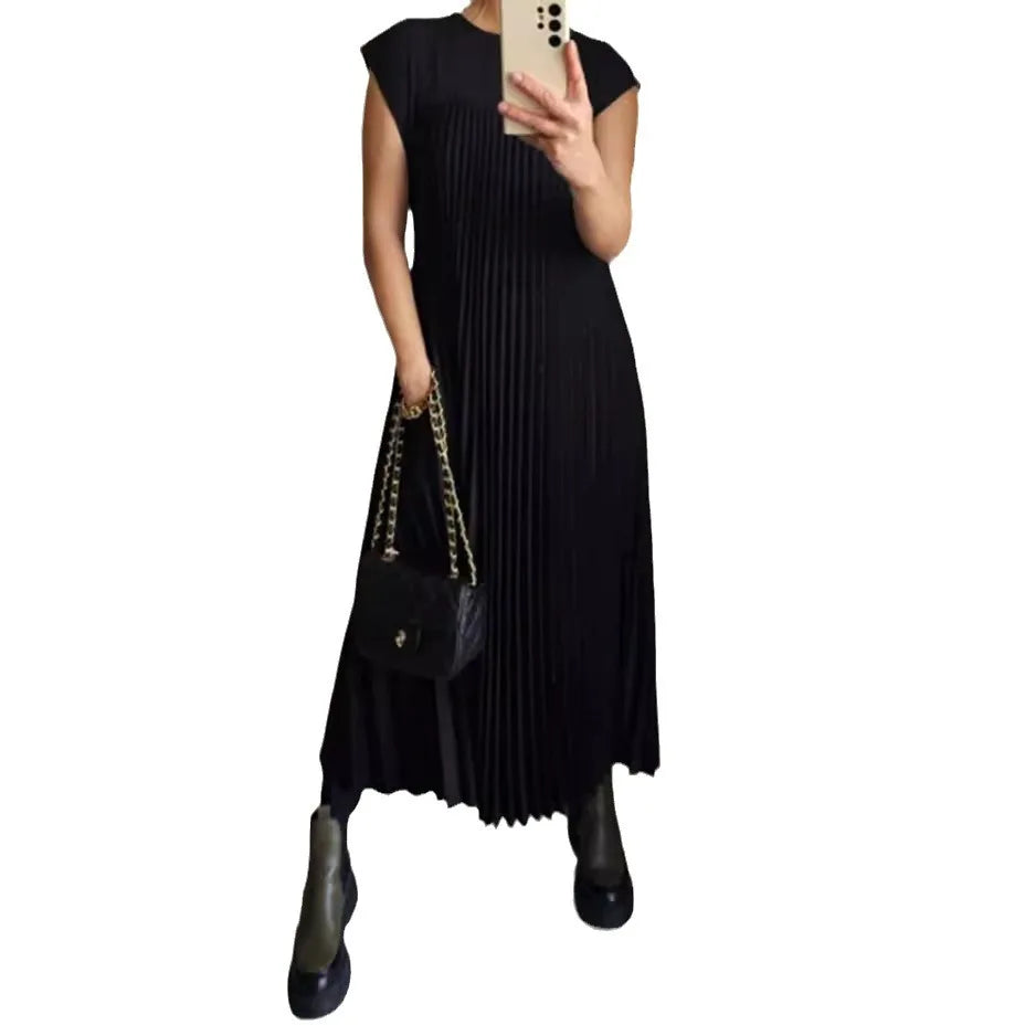 Spring And Summer New Fashionable Women's Round Neck Pleated Maxi